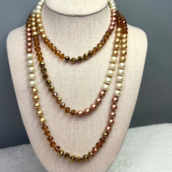 Long Beaded Necklace Faux Pearl Rose Gold Amber Ivory Layered  Shiny Polished - Picture 3 of 4